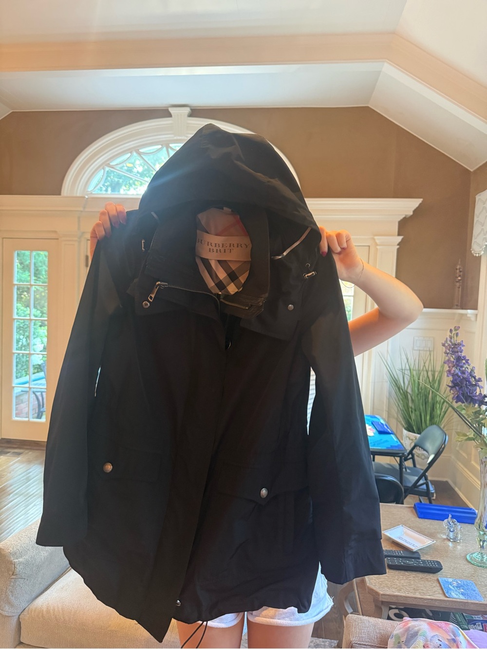 Burberry Black Hooded Raincoat with Signature Check Trim
